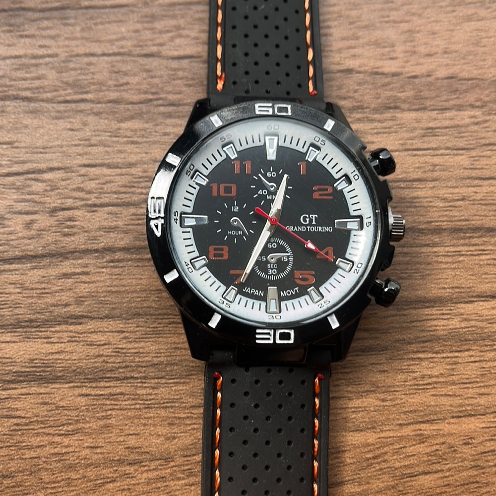 Black white and orange Grand Touring GT rubber sport watch
